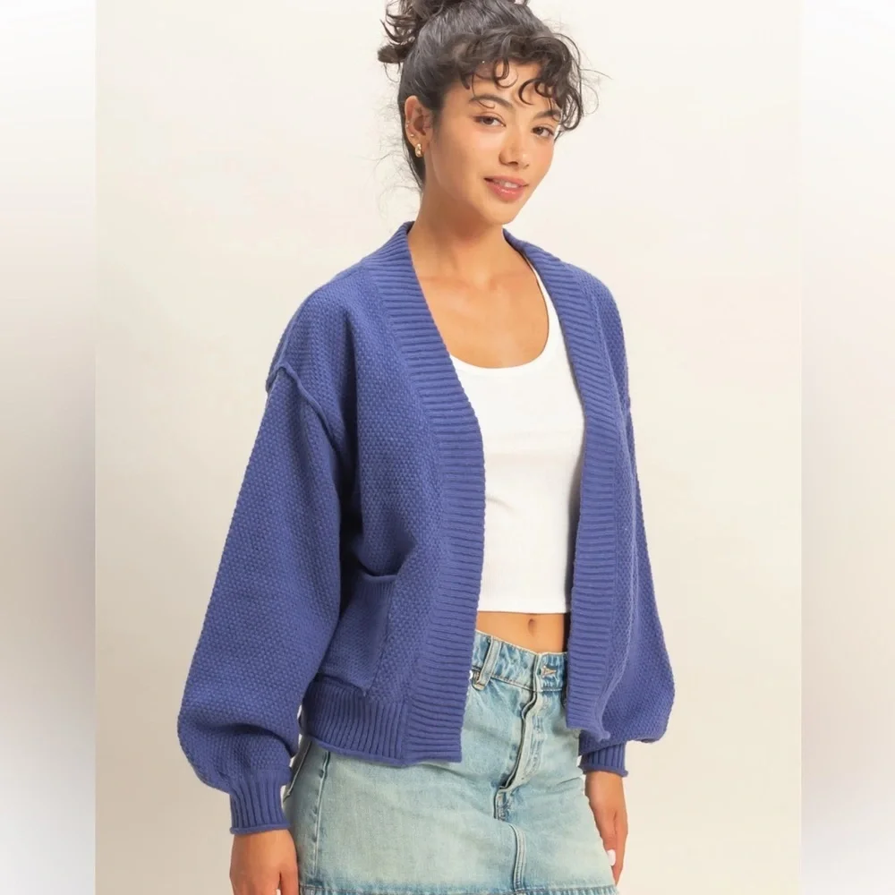 Double Zero Oversized Textured Knit Cardigan Sweater – Dusty Indigo (S, M, L)